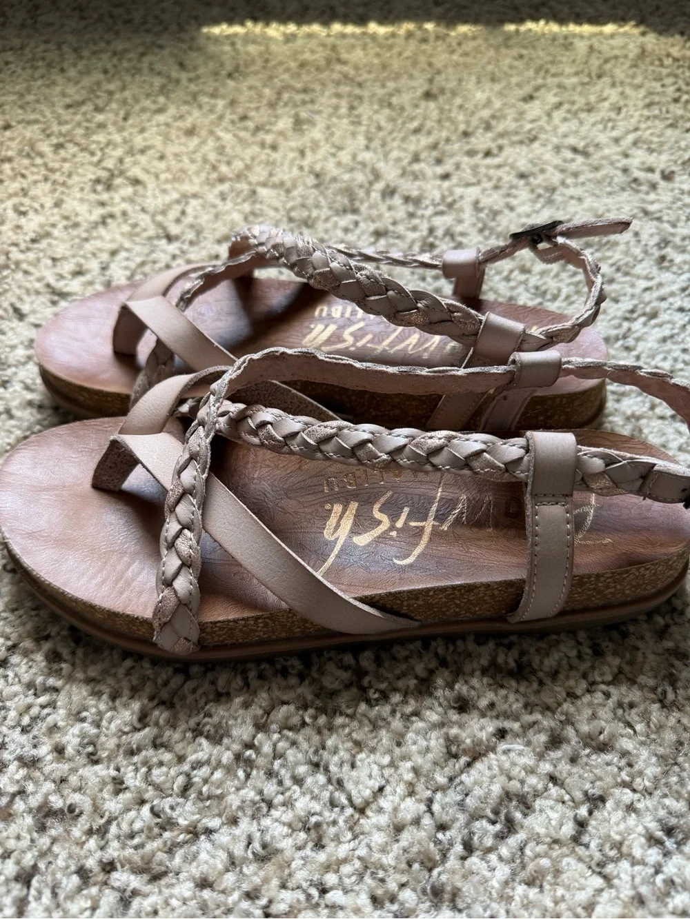 Blowfish Braided T-Strap Sandals in Light Taupe